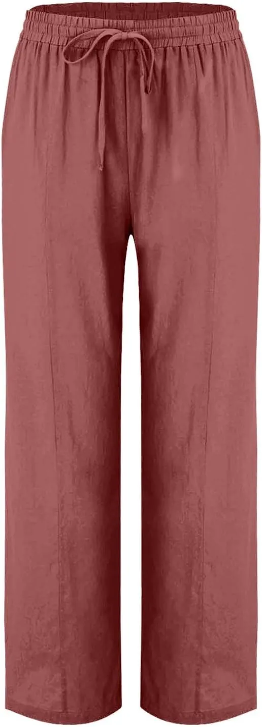 Womens Casual Linen Pants Summer Lightweight High Waist Loose Fit Lounge Pants Straight Leg Trousers with Pockets