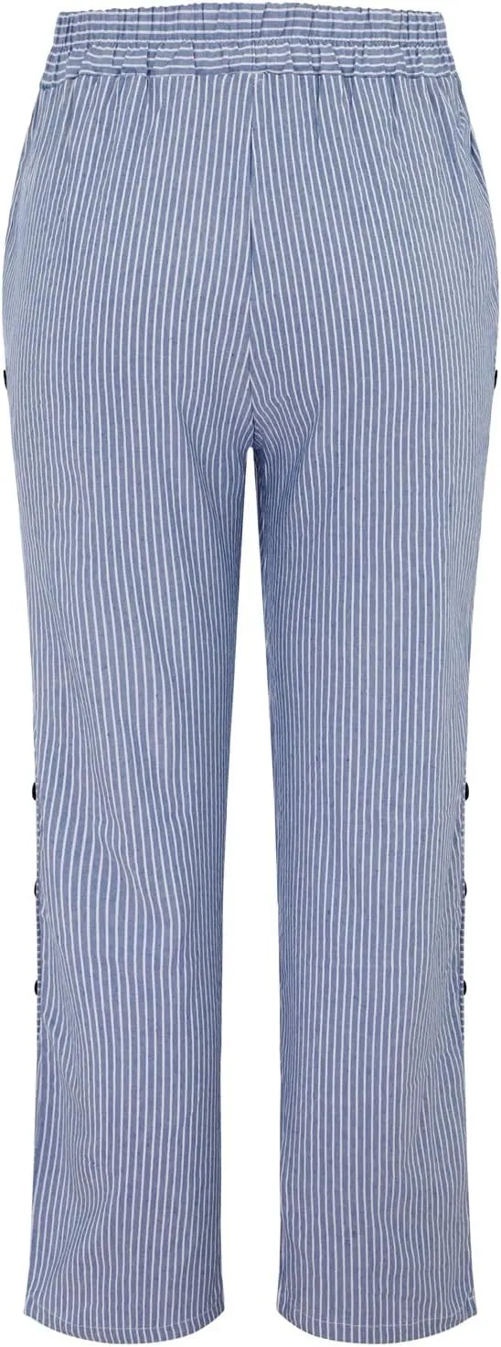 Women's Casual Pants Striped Side Button Elastic Waist Trendy Pants Straight Leg Baggy Trousers with Pocket