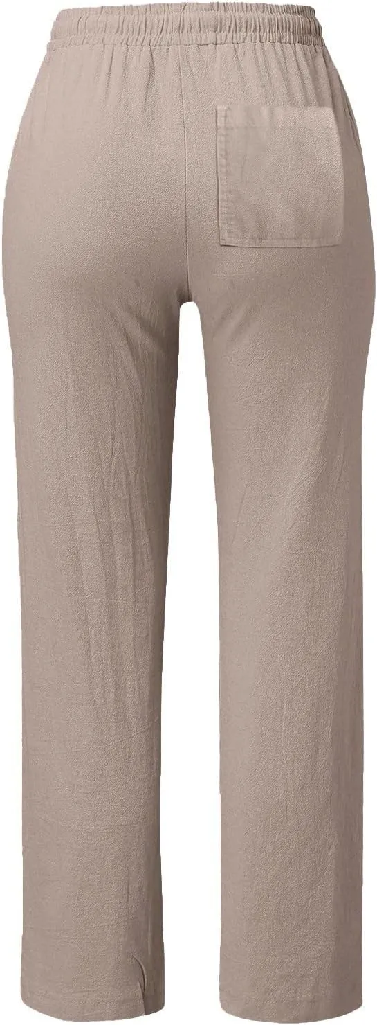 Women's Casual Pants,Plus Size Women's Wide Leg Pants Linen Blend with Side Pockets, Drawstring Waist