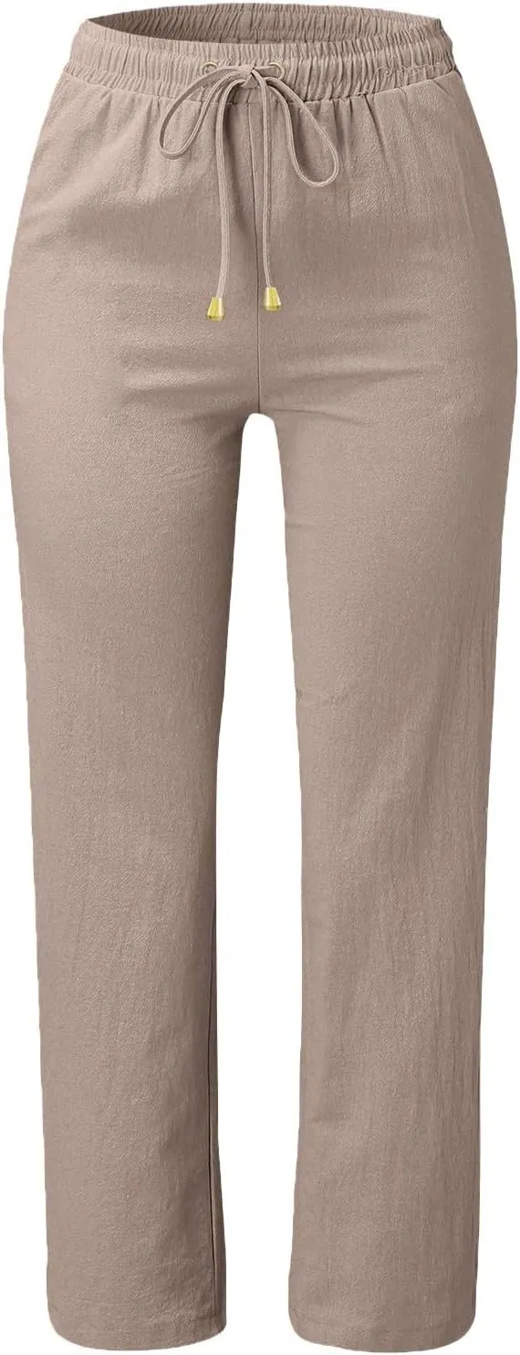 Women's Casual Pants,Plus Size Women's Wide Leg Pants Linen Blend with Side Pockets, Drawstring Waist