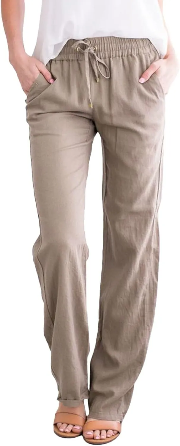 Women's Casual Pants,Plus Size Women's Wide Leg Pants Linen Blend with Side Pockets, Drawstring Waist