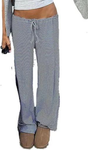 Women's Comfy Pajama Loose Casual Drawstring Lounge Pants - Striped Print Stretch Wide Leg