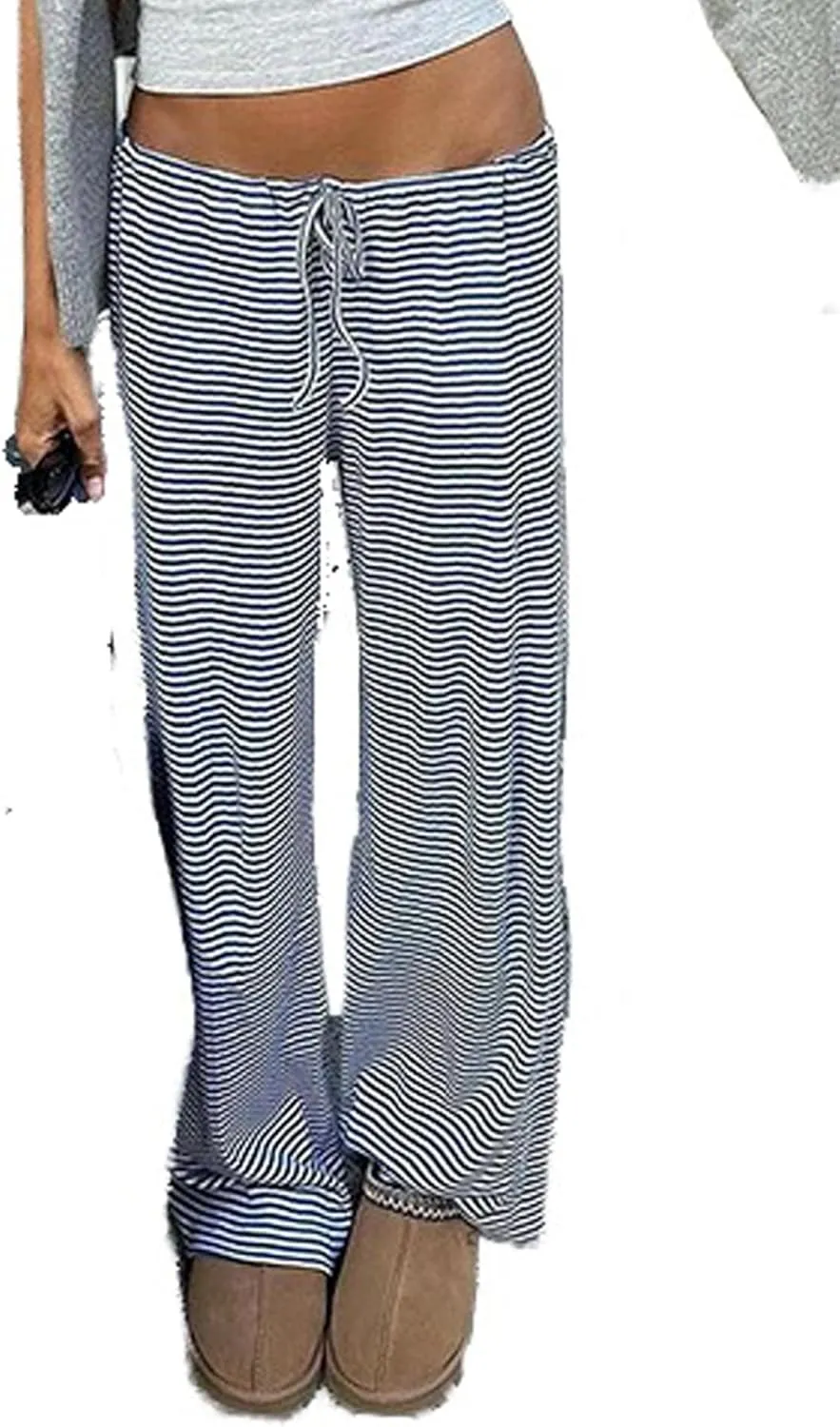 Women's Comfy Pajama Loose Casual Drawstring Lounge Pants - Striped Print Stretch Wide Leg