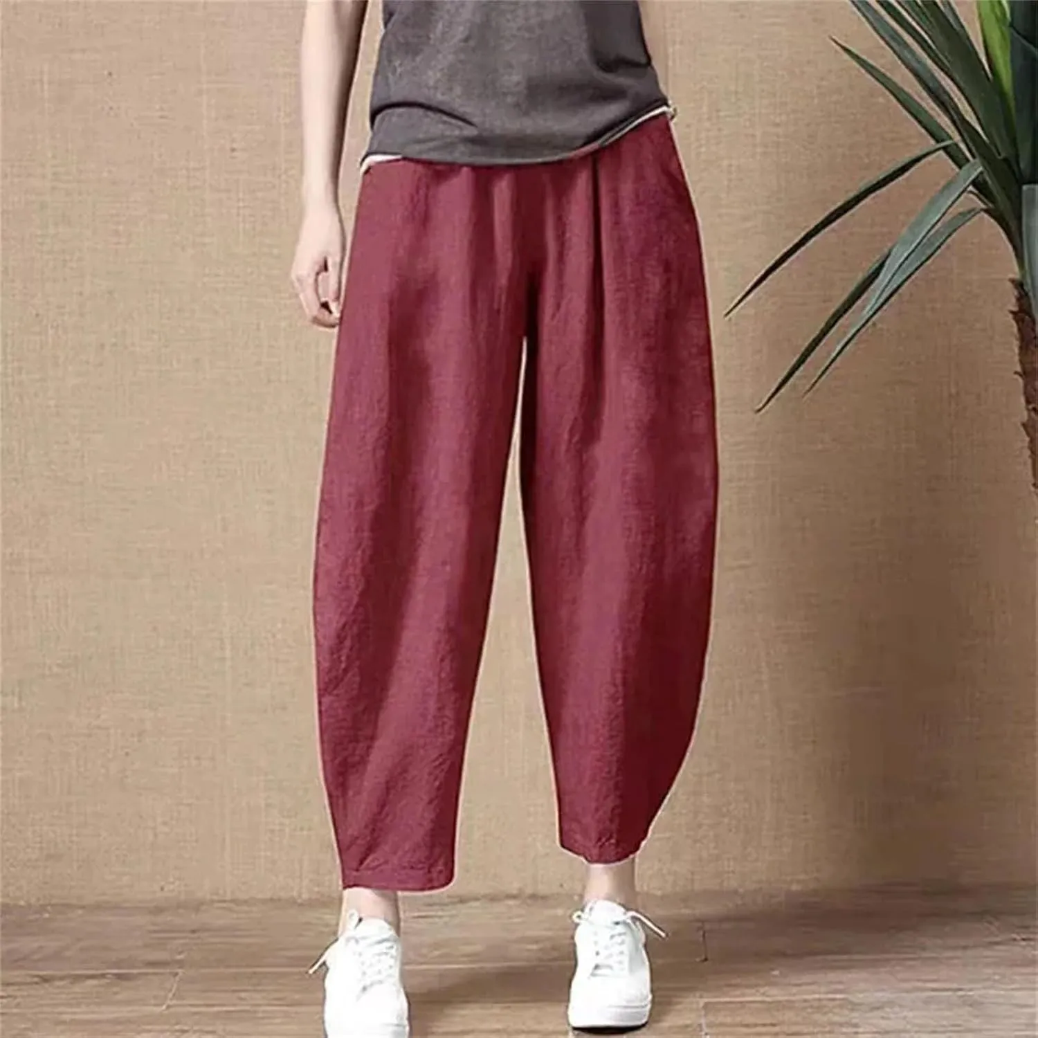 Womens Cotton Linen Harem Pants Vintage High Waist Elastic Ankle-Length Pants Loose Casual Beach Trousers