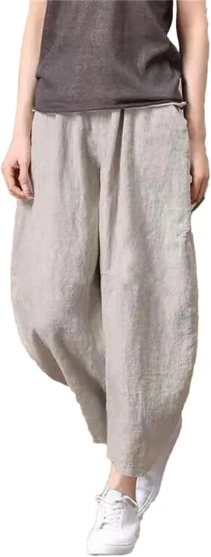Womens Cotton Linen Harem Pants Vintage High Waist Elastic Ankle-Length Pants Loose Casual Beach Trousers