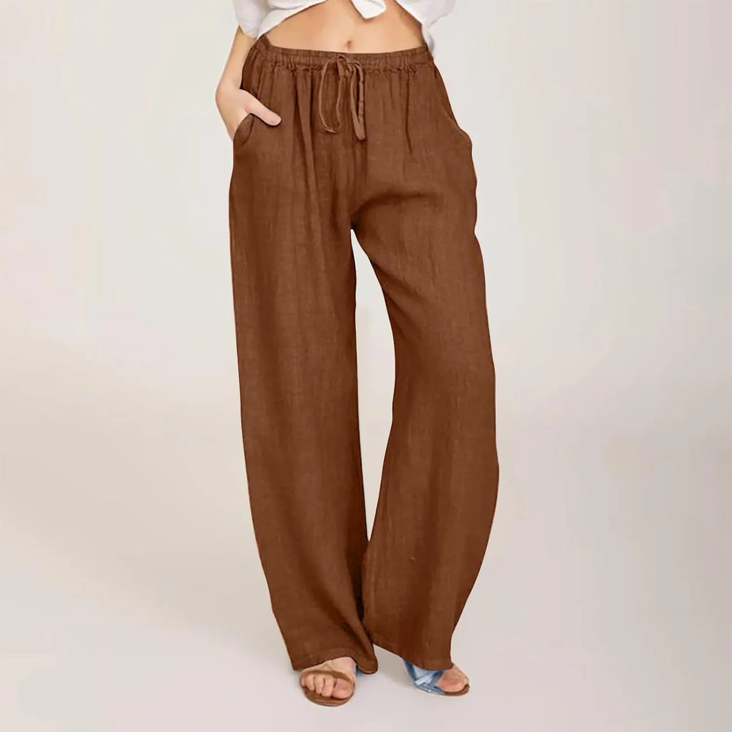 Womens Cotton Linen Pants Summer Casual Palazzo Pants Drawstring High Waist Harem Slacks Long Trousers with Pockets