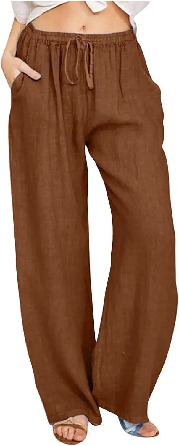 Womens Cotton Linen Pants Summer Casual Palazzo Pants Drawstring High Waist Harem Slacks Long Trousers with Pockets