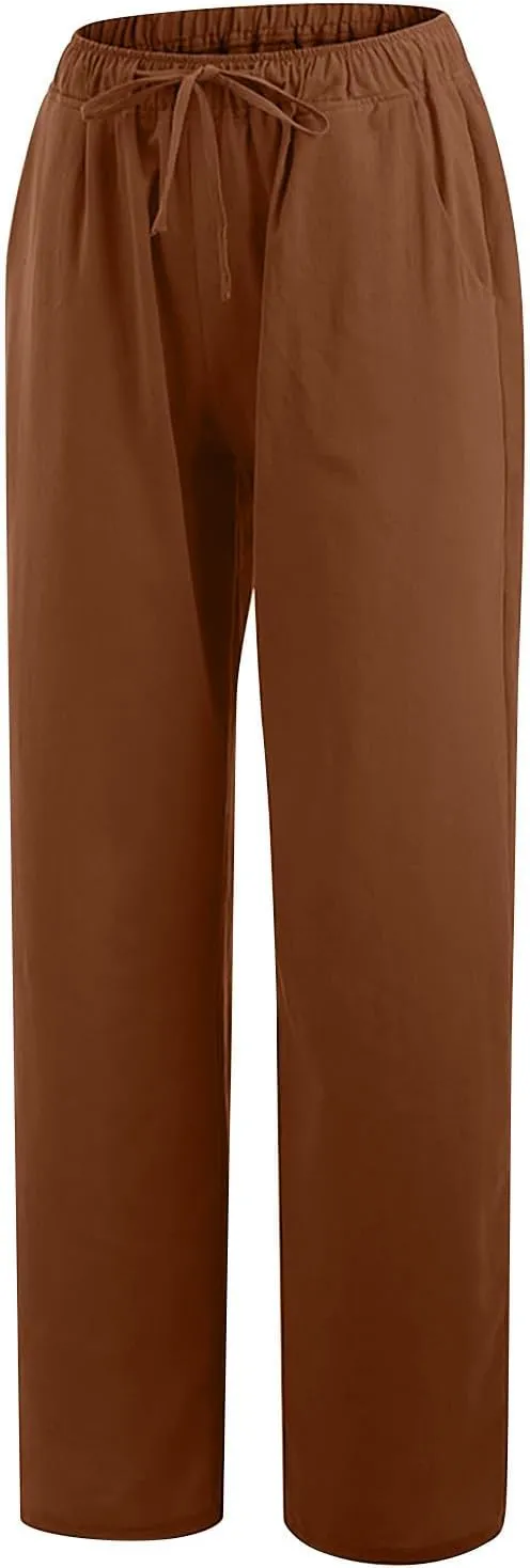Womens Cotton Linen Pants Summer Casual Palazzo Pants Drawstring High Waist Harem Slacks Long Trousers with Pockets