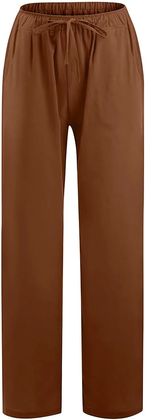 Womens Cotton Linen Pants Summer Casual Palazzo Pants Drawstring High Waist Harem Slacks Long Trousers with Pockets