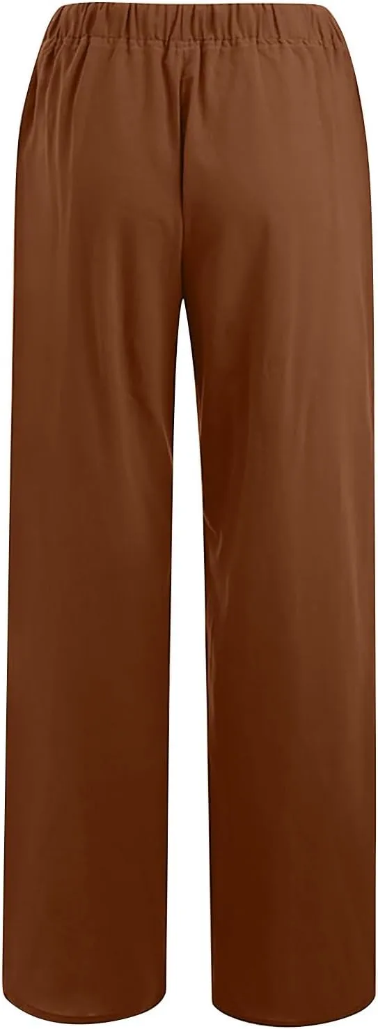 Womens Cotton Linen Pants Summer Casual Palazzo Pants Drawstring High Waist Harem Slacks Long Trousers with Pockets
