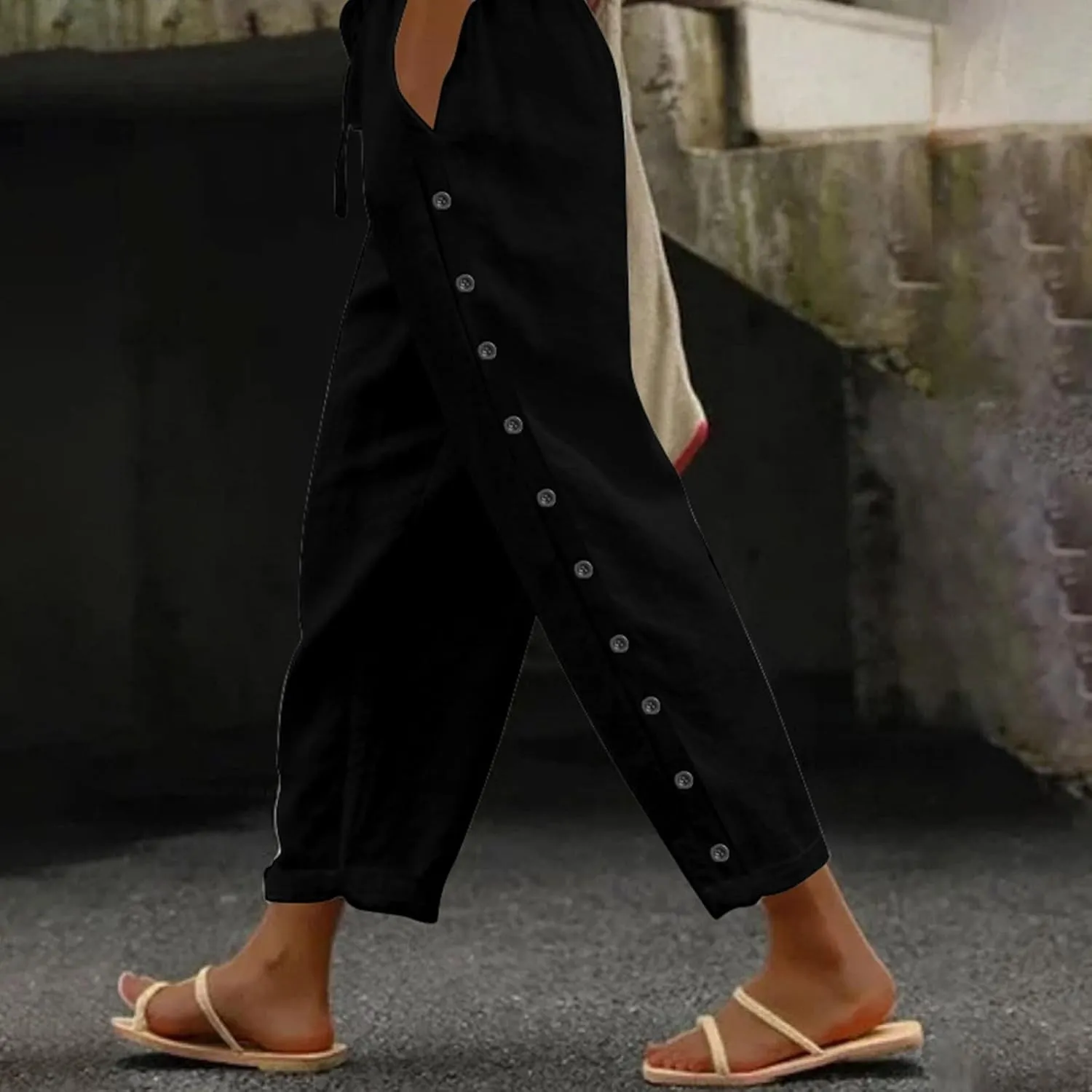 Women's Cotton Linen Summer Printed Pants Elastic Waisted Stretchy Slim Fit Pant Trousers Vacation