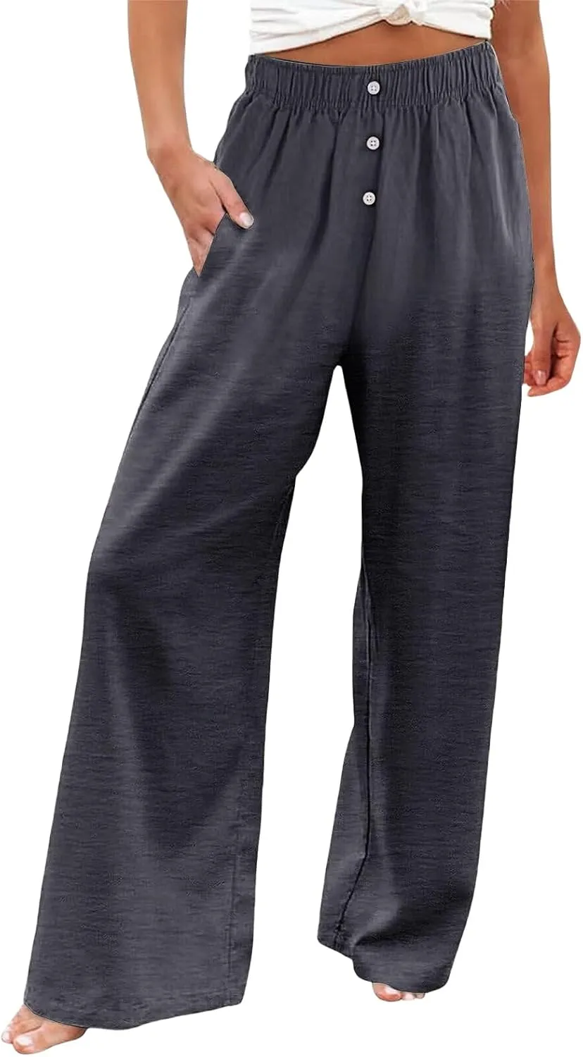 Women's Cotton Linen Wide Leg Pants Casual High Waisted Button Trousers Summer Loose Straight Leg Pant for Women
