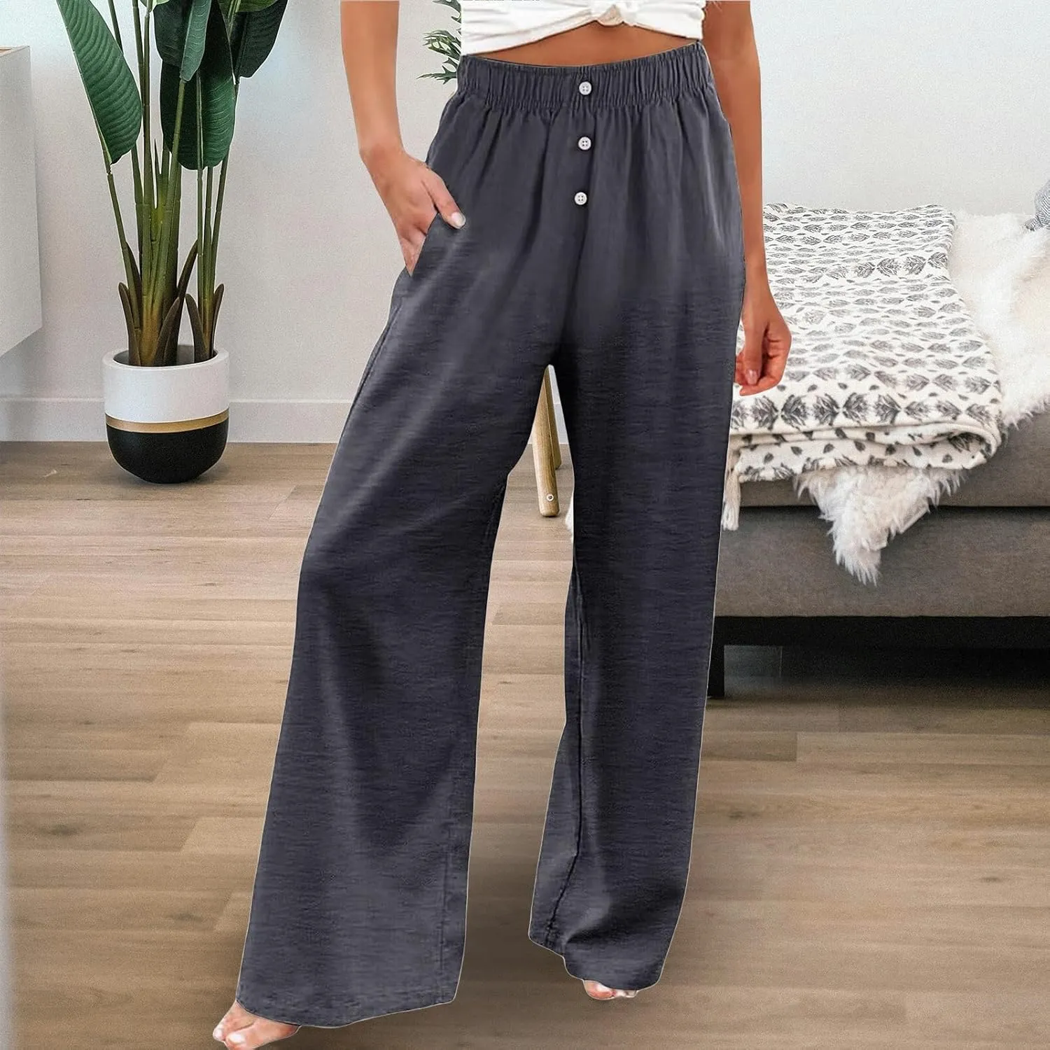 Women's Cotton Linen Wide Leg Pants Casual High Waisted Button Trousers Summer Loose Straight Leg Pant for Women