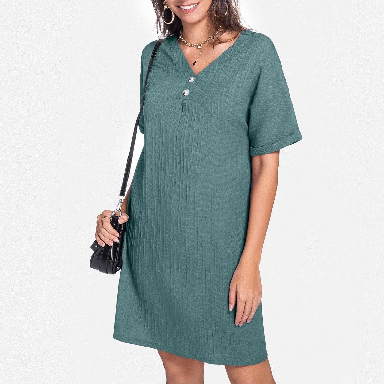 Womens Cotton Shirt Dress 2025 Summer Casual Cap Sleeve Button V Neck Shift Dress Beach Cover Up Shirts with Pockets