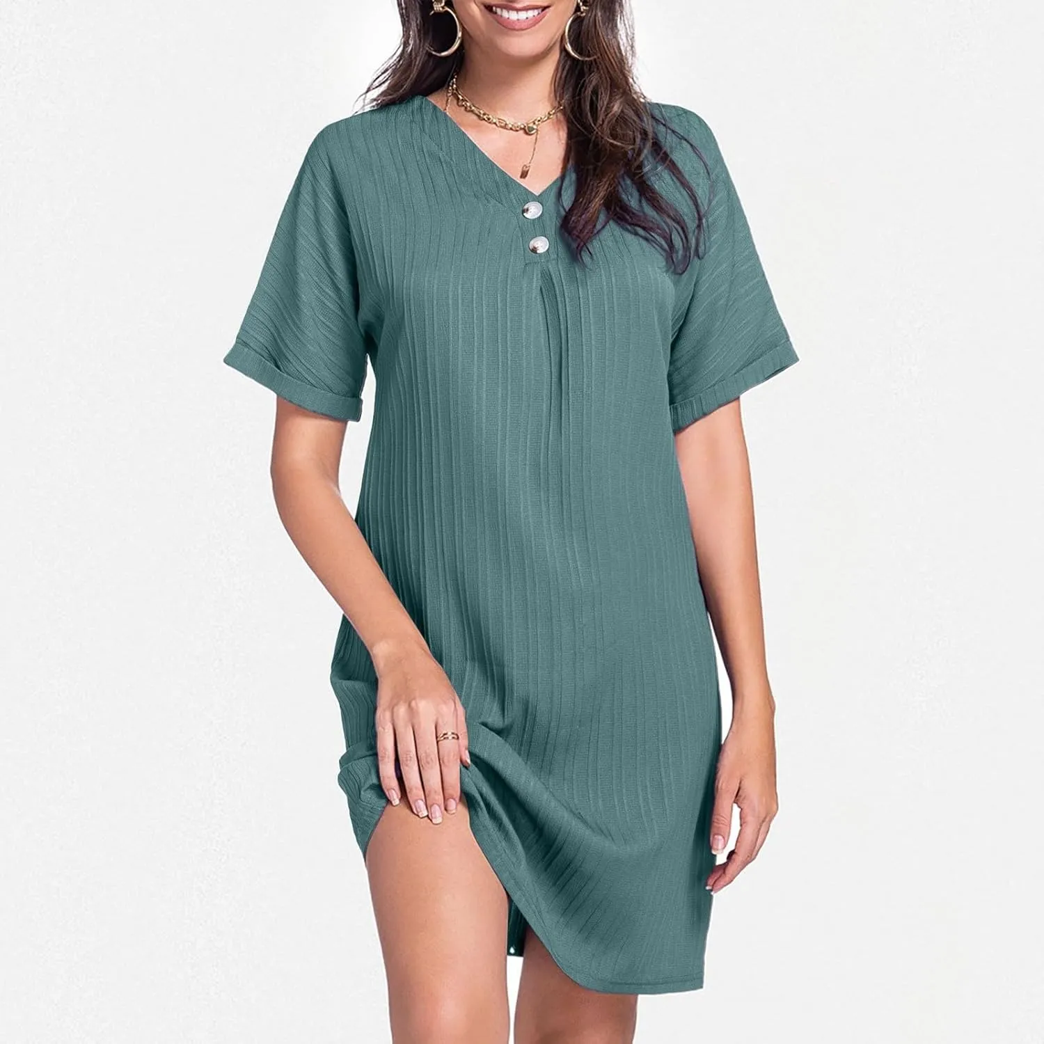 Womens Cotton Shirt Dress 2025 Summer Casual Cap Sleeve Button V Neck Shift Dress Beach Cover Up Shirts with Pockets
