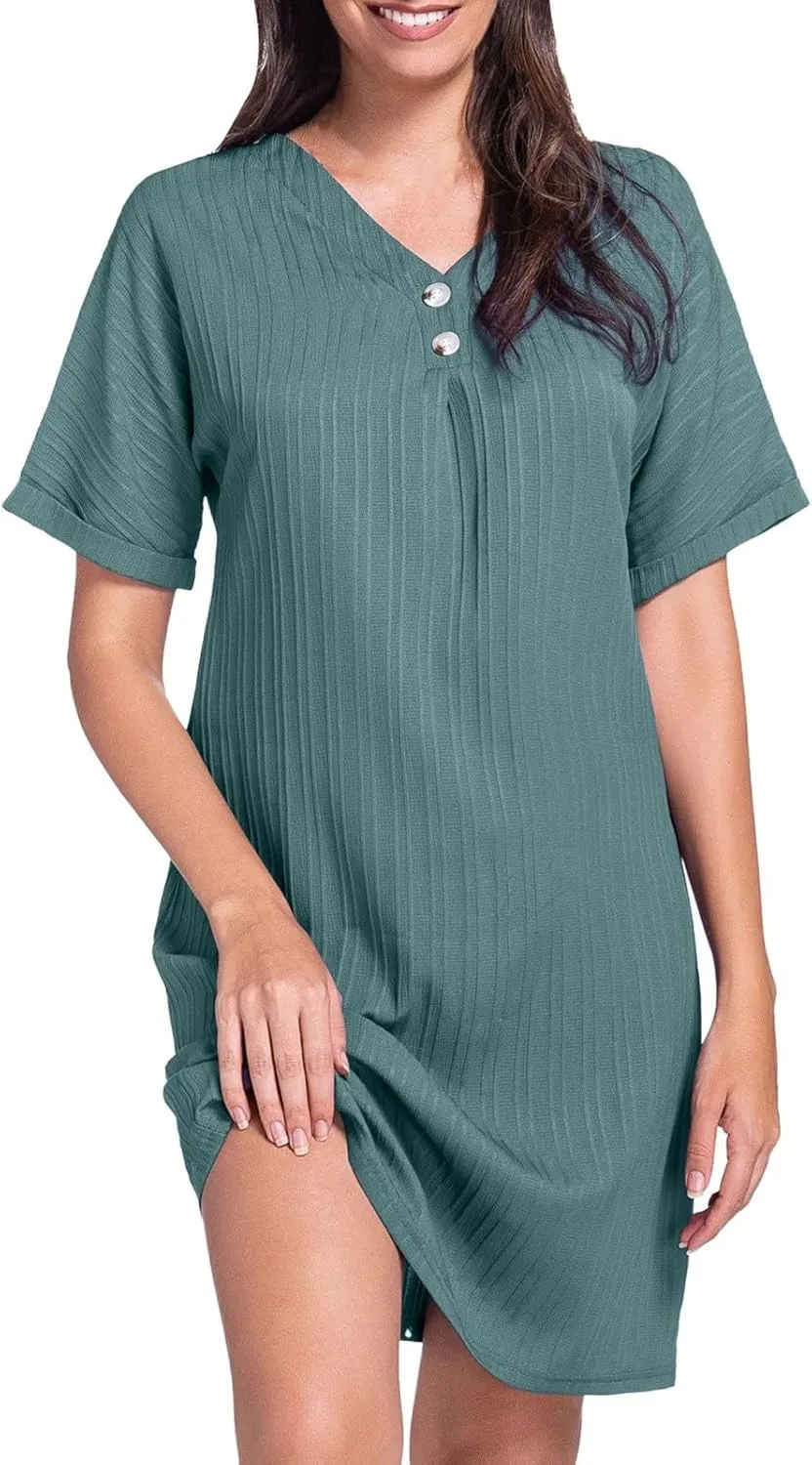 Womens Cotton Shirt Dress 2025 Summer Casual Cap Sleeve Button V Neck Shift Dress Beach Cover Up Shirts with Pockets