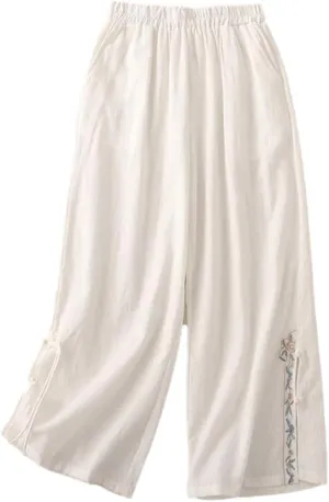 Women's Cotton Wide Leg Pants Loose High Waist Straight Pants Casual Embroidered Harem Pants
