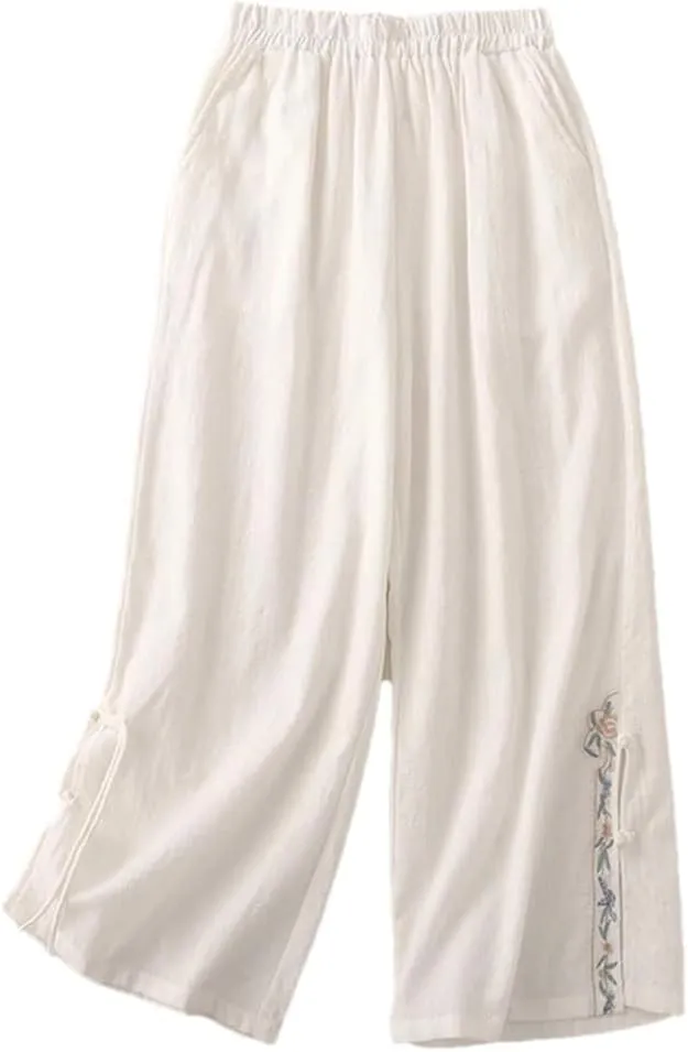Women's Cotton Wide Leg Pants Loose High Waist Straight Pants Casual Embroidered Harem Pants