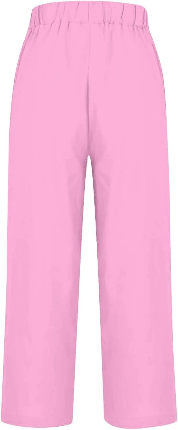 Womens Cropped Linen Pants Summer Elastic Waist Straight Leg Plus Size Crop Pants Casual Beach Trousers with Pockets