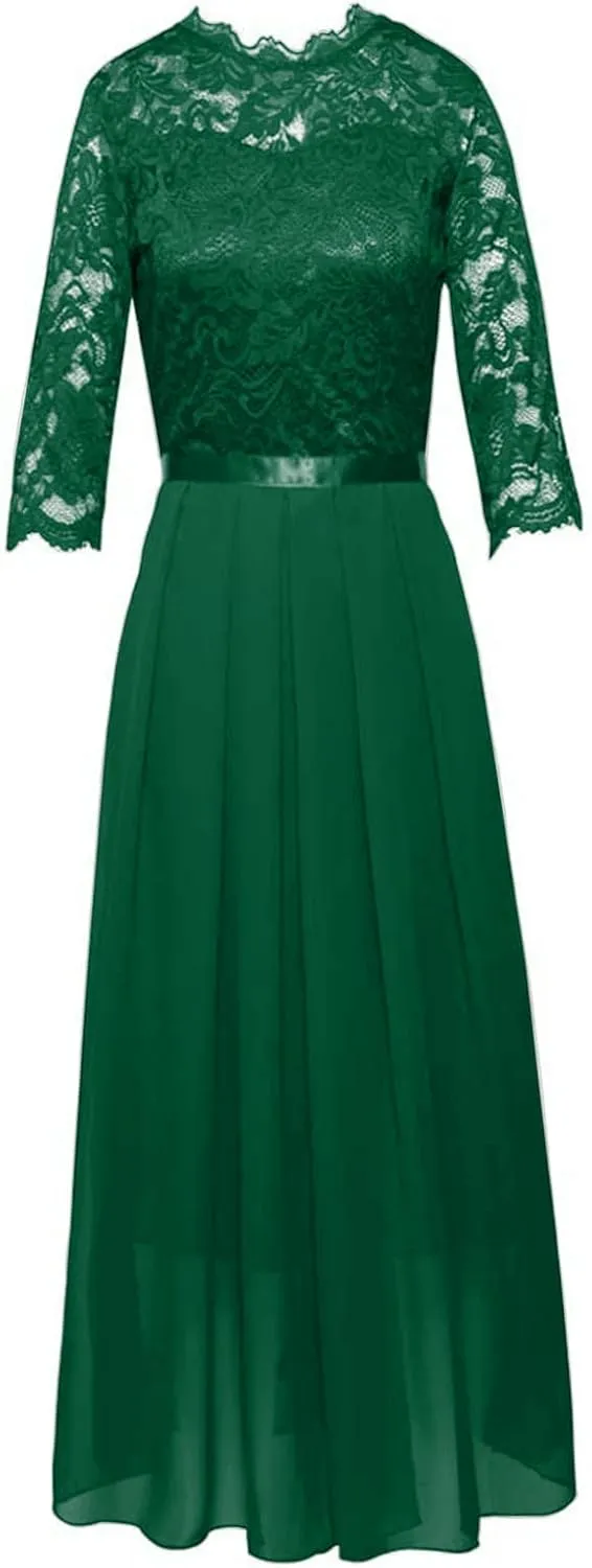 Women's Floral Lace Maxi Dress 3/4 Sleeve Bridesmaid Party Dress Vintage Formal Cocktail Party Swing Dresses