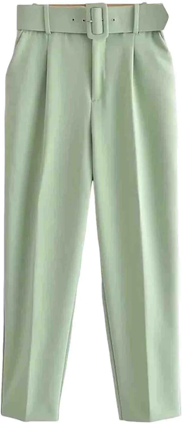 Women's High Waist Slim Fit Cropped Pants Straight Leg Suits Trousers Casual Work Office Slacks Dress Pants with Belt