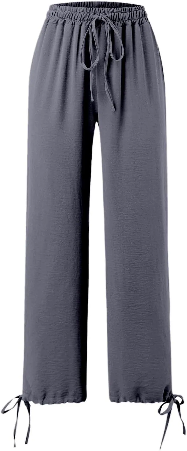 Women's Hiking Pants with Pockets Drawstring Elastic Casual High Waist Straight Wide Leg Trouser for Women 2025