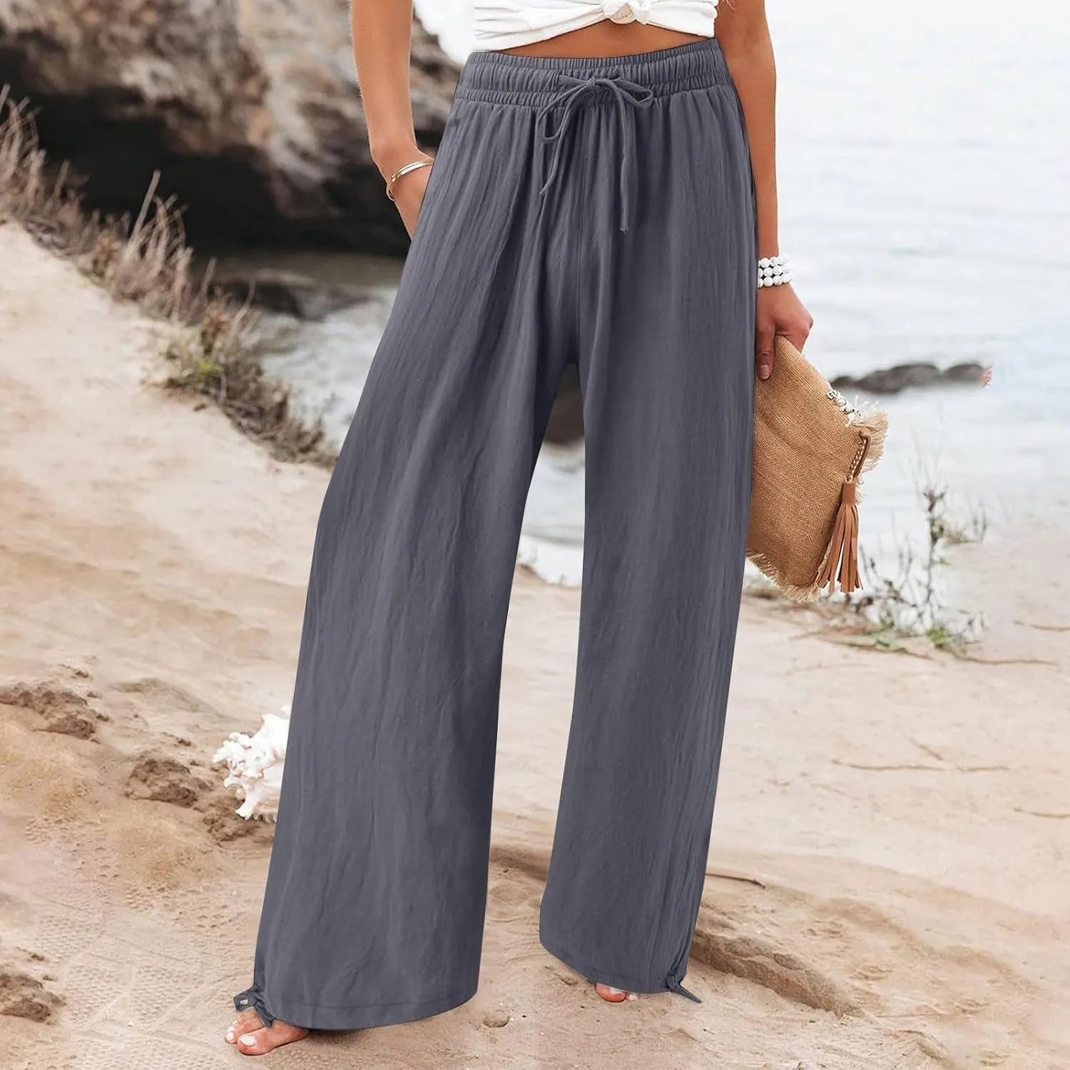 Women's Hiking Pants with Pockets Drawstring Elastic Casual High Waist Straight Wide Leg Trouser for Women 2025
