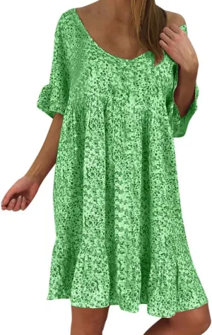 Women's Ladies Sexy Loose Print Hlaf Sleeve Ruffles Mini Dress Summer Dress Womens Casual Maxi Dresses