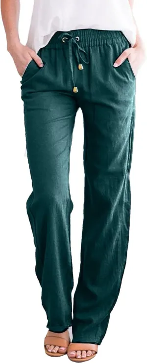 Women's Linen Pants Casual High Waist Pants Drawstring Loose Fit Summer Pants Solid Lounge Long Trousers with Side Pockets
