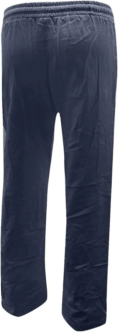 Women's Linen Pants Casual High Waist Pants Drawstring Loose Fit Summer Pants Solid Lounge Long Trousers with Side Pockets