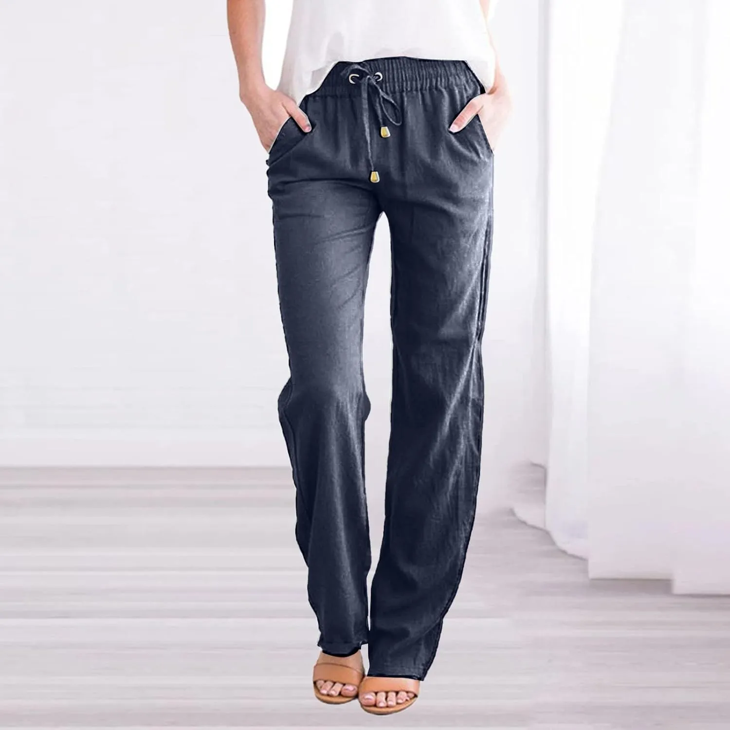 Women's Linen Pants Casual High Waist Pants Drawstring Loose Fit Summer Pants Solid Lounge Long Trousers with Side Pockets