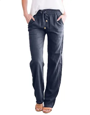 Women's Linen Pants Casual High Waist Pants Drawstring Loose Fit Summer Pants Solid Lounge Long Trousers with Side Pockets