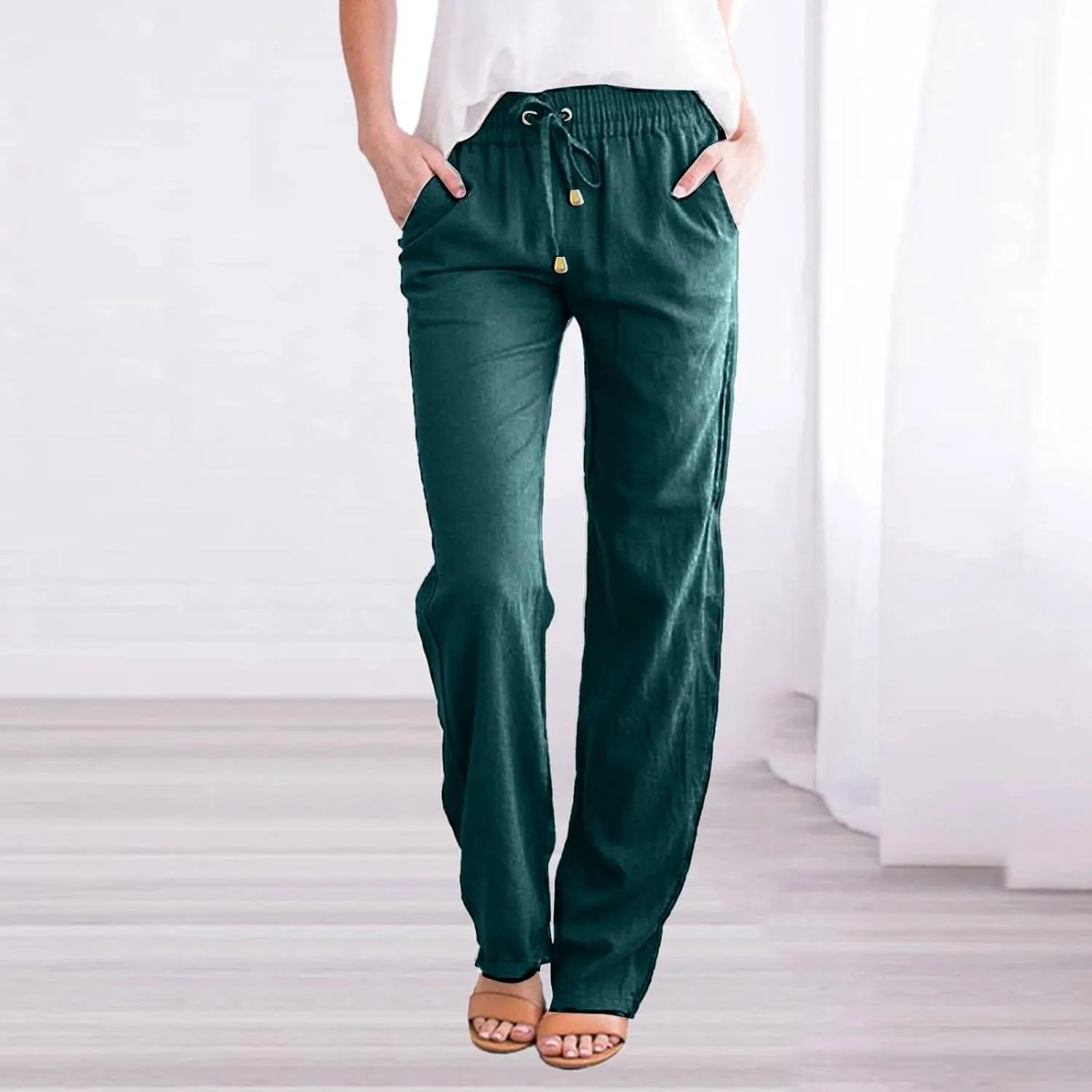 Women's Linen Pants Casual High Waist Pants Drawstring Loose Fit Summer Pants Solid Lounge Long Trousers with Side Pockets