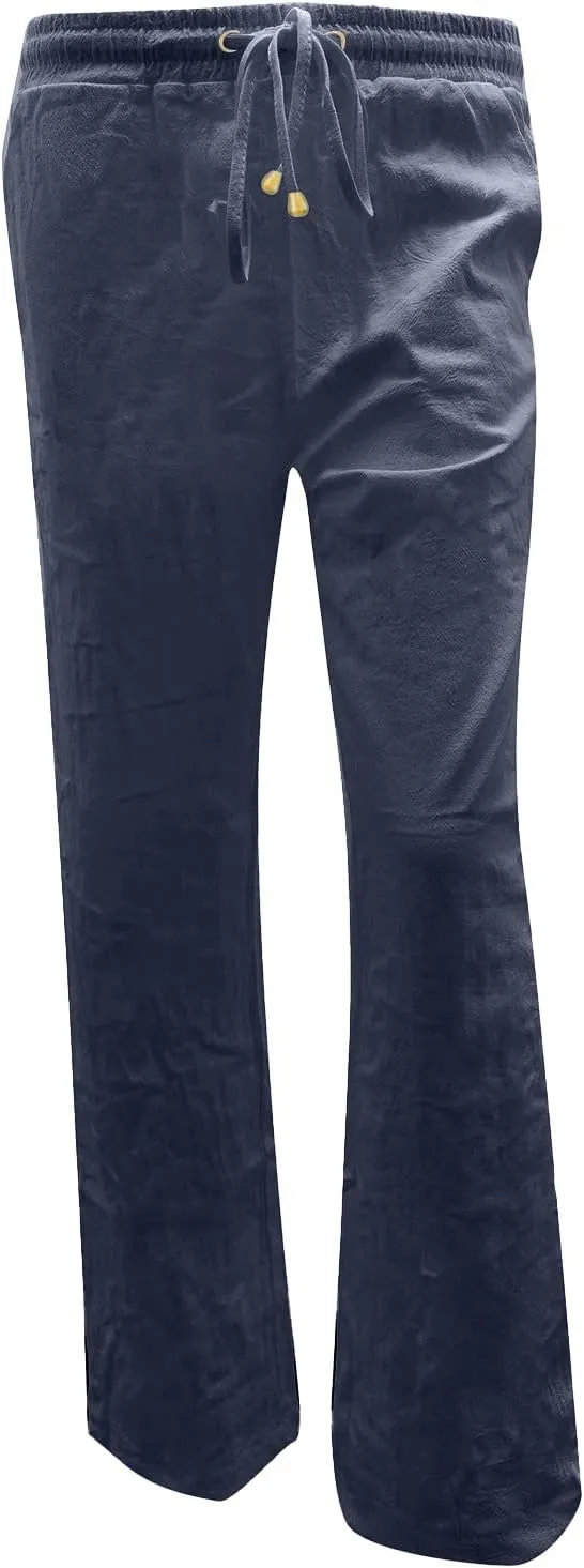 Women's Linen Pants Casual High Waist Pants Drawstring Loose Fit Summer Pants Solid Lounge Long Trousers with Side Pockets