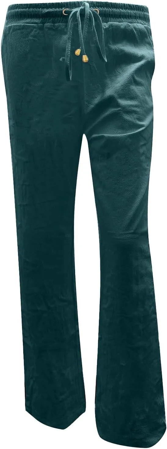 Women's Linen Pants Casual High Waist Pants Drawstring Loose Fit Summer Pants Solid Lounge Long Trousers with Side Pockets