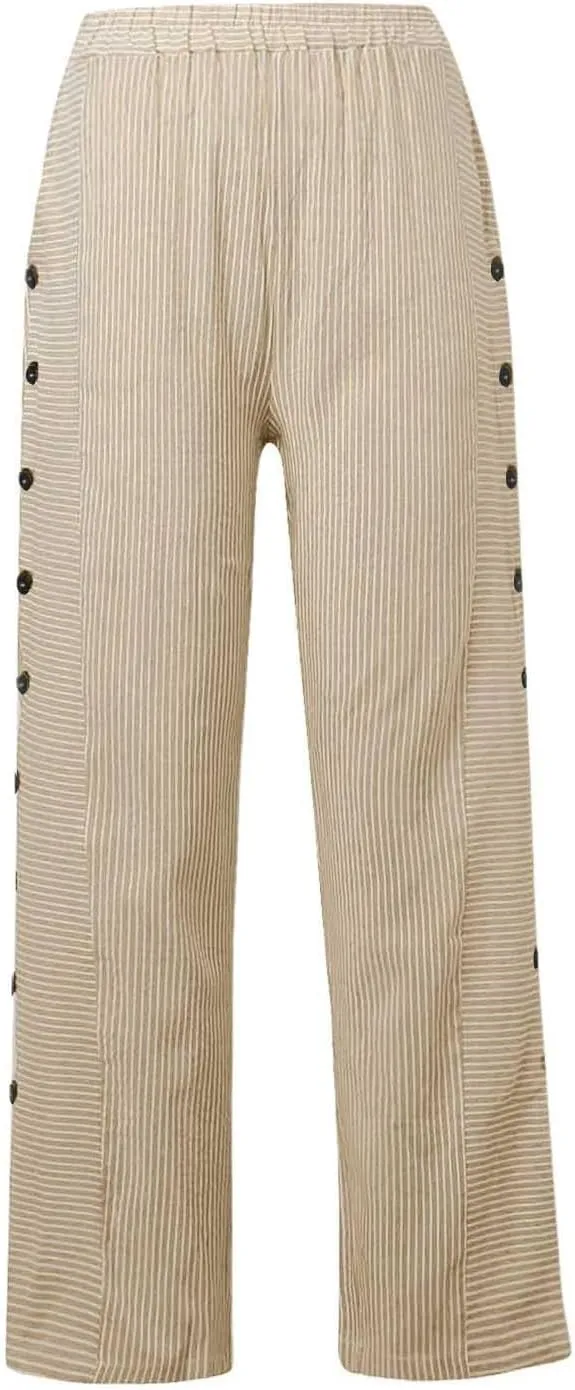 Womens Linen Pants High Waisted Summer Beach Pants Elastic Waist Tapered Pants Casual Trousers with Pocket