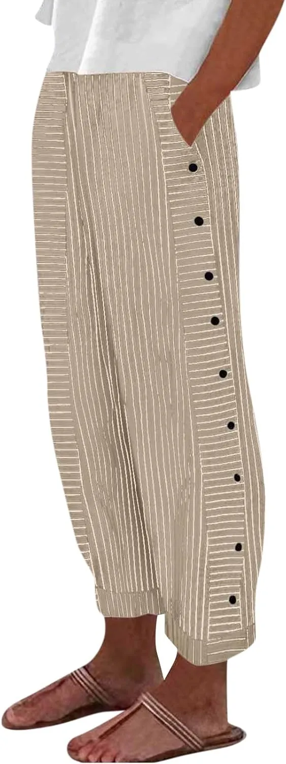 Womens Linen Pants High Waisted Summer Beach Pants Elastic Waist Tapered Pants Casual Trousers with Pocket