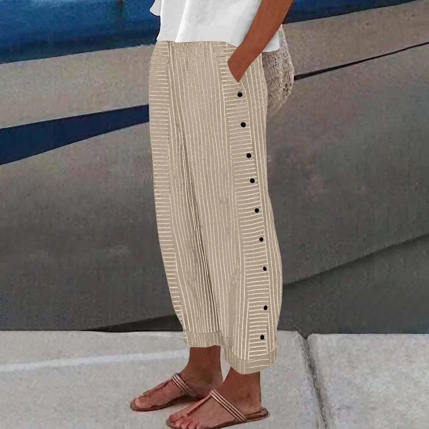 Womens Linen Pants High Waisted Summer Beach Pants Elastic Waist Tapered Pants Casual Trousers with Pocket