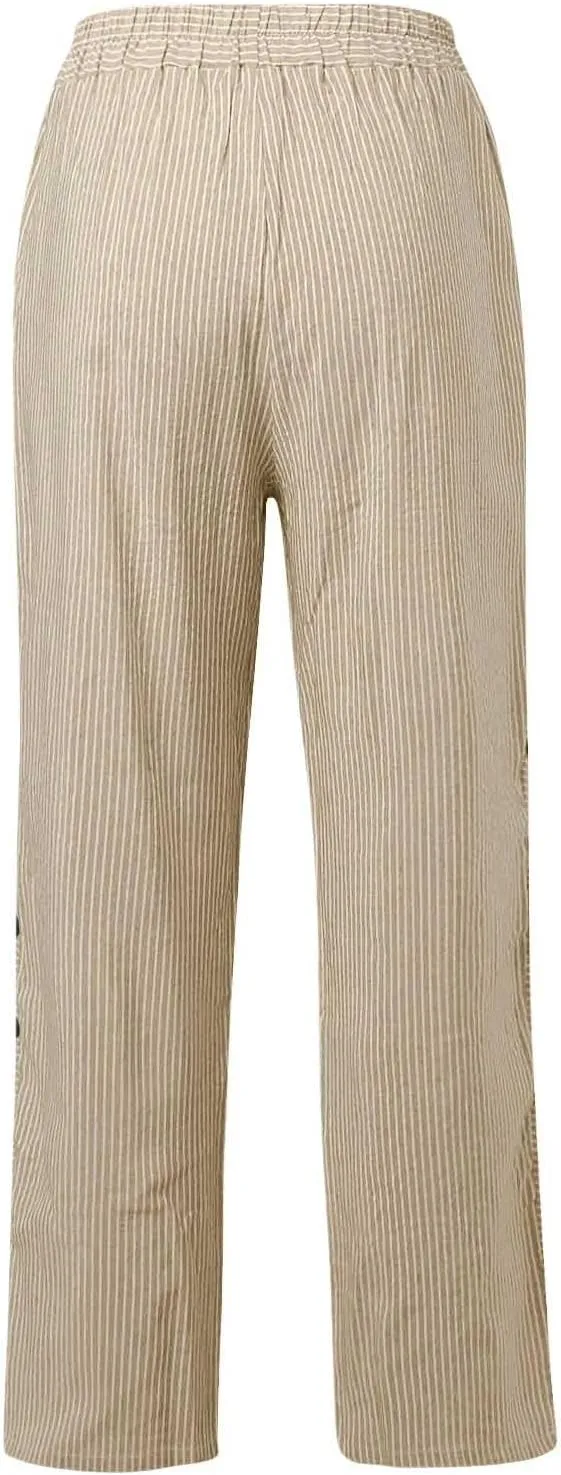 Womens Linen Pants High Waisted Summer Beach Pants Elastic Waist Tapered Pants Casual Trousers with Pocket