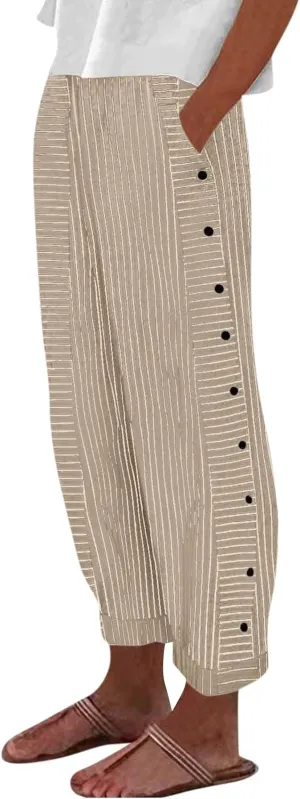 Womens Linen Pants High Waisted Summer Beach Pants Elastic Waist Tapered Pants Casual Trousers with Pocket