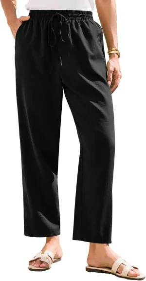 Womens Linen Pants Straight Leg Elastic Drawstring Lightweight Trousers Summer Beach Lounge Pants with Pockets