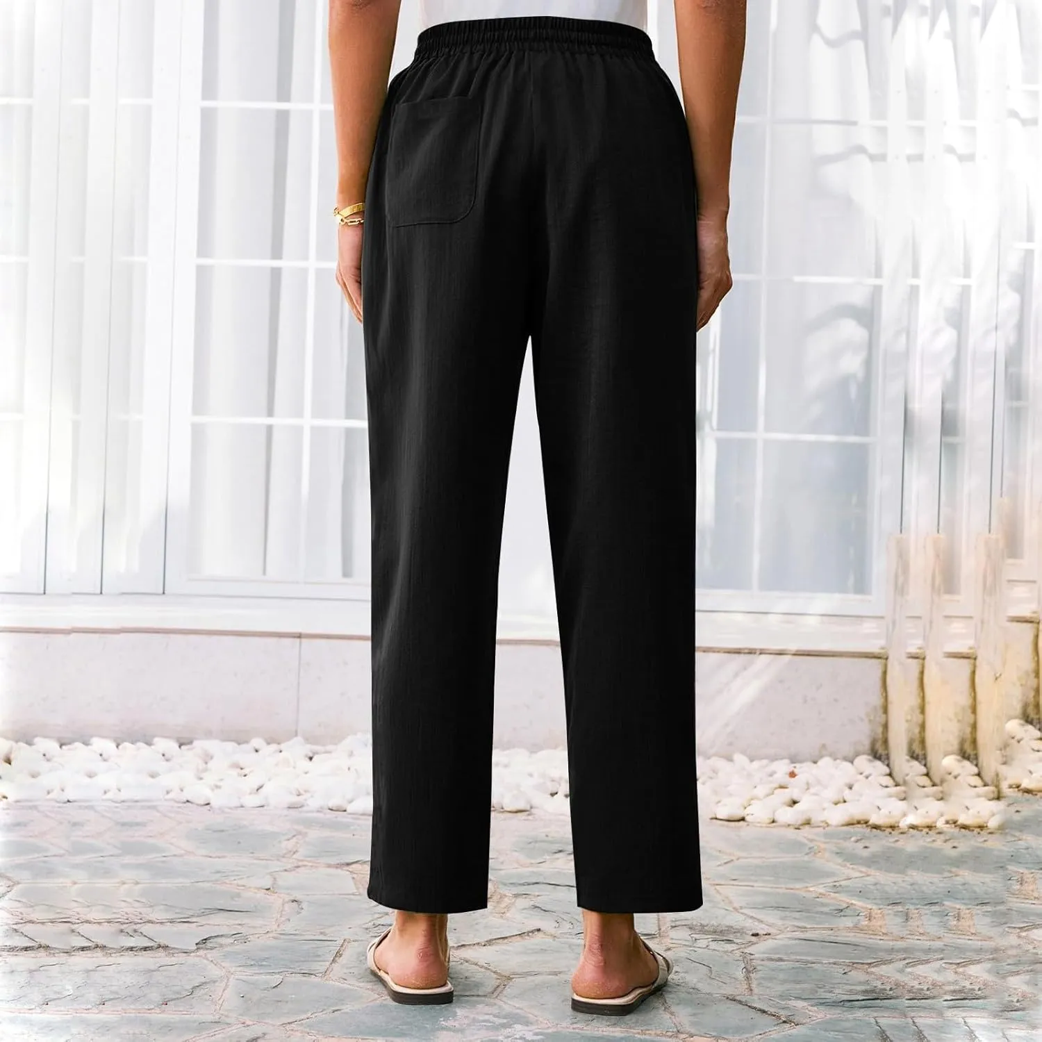 Womens Linen Pants Straight Leg Elastic Drawstring Lightweight Trousers Summer Beach Lounge Pants with Pockets