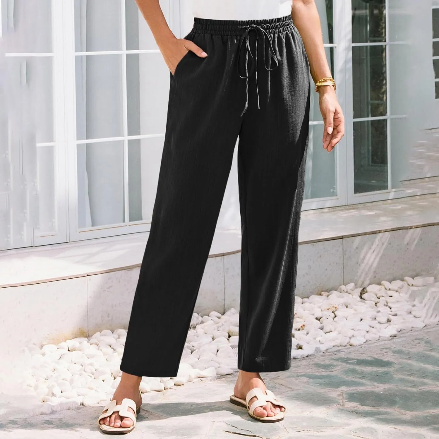 Womens Linen Pants Straight Leg Elastic Drawstring Lightweight Trousers Summer Beach Lounge Pants with Pockets