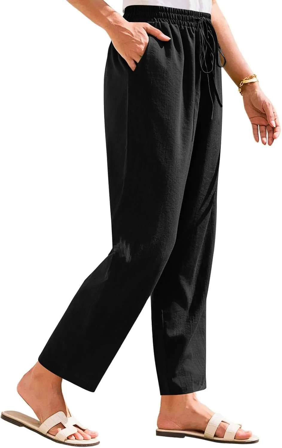 Womens Linen Pants Straight Leg Elastic Drawstring Lightweight Trousers Summer Beach Lounge Pants with Pockets