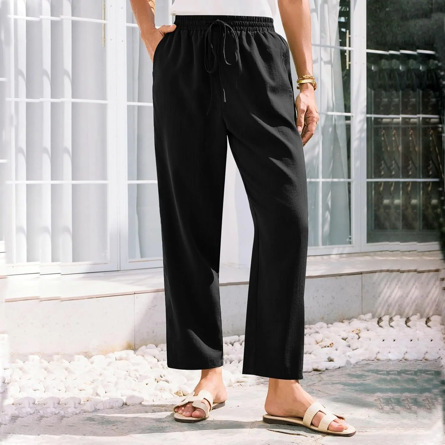 Womens Linen Pants Straight Leg Elastic Drawstring Lightweight Trousers Summer Beach Lounge Pants with Pockets