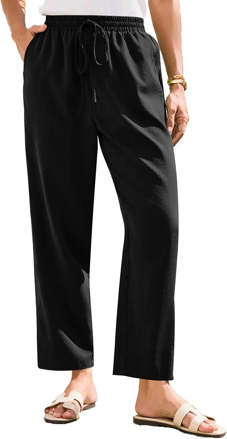Womens Linen Pants Straight Leg Elastic Drawstring Lightweight Trousers Summer Beach Lounge Pants with Pockets