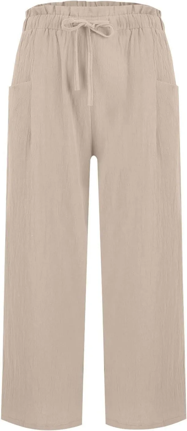 Womens Linen Pants Summer Casual High Waist Wide Leg Palazzo Pant Drawstring Lightweight Loose Beach Cropped Trousers