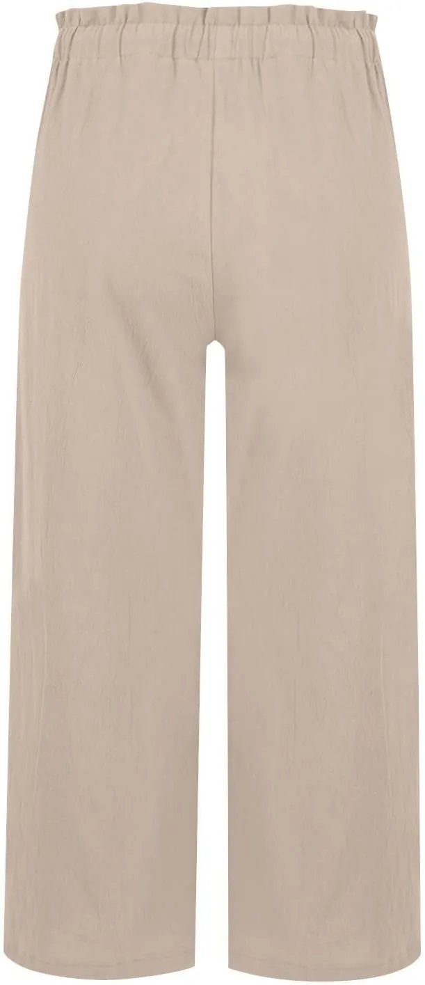 Womens Linen Pants Summer Casual High Waist Wide Leg Palazzo Pant Drawstring Lightweight Loose Beach Cropped Trousers