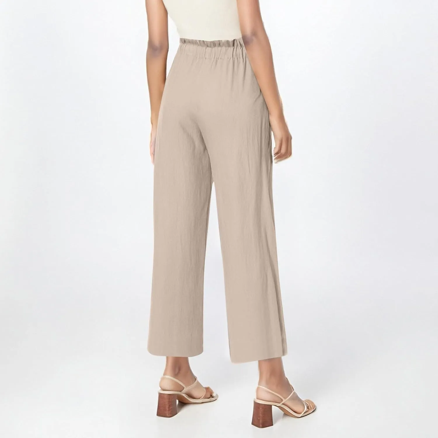 Womens Linen Pants Summer Casual High Waist Wide Leg Palazzo Pant Drawstring Lightweight Loose Beach Cropped Trousers