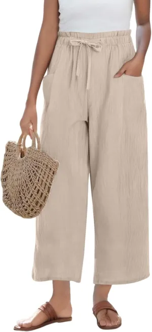 Womens Linen Pants Summer Casual High Waist Wide Leg Palazzo Pant Drawstring Lightweight Loose Beach Cropped Trousers